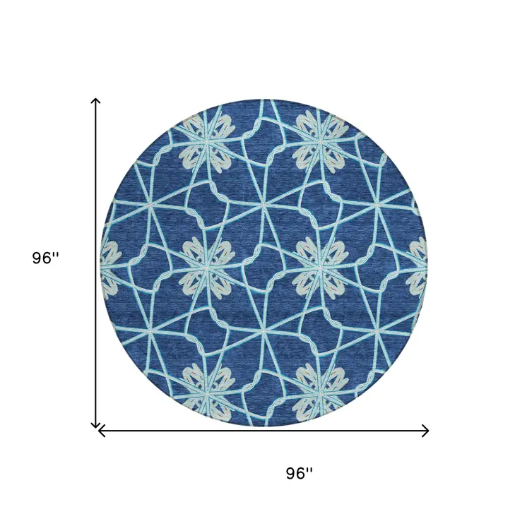 8' Navy Blue And Aqua Round Geometric Washable Indoor Outdoor Area Rug
