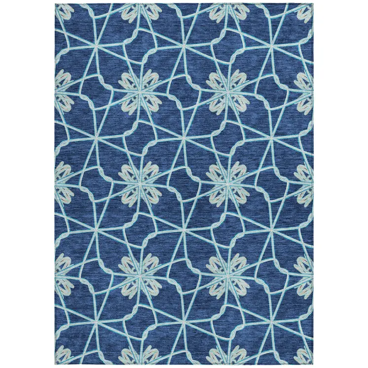 10' X 14' Navy Blue And Aqua Geometric Washable Indoor Outdoor Area Rug