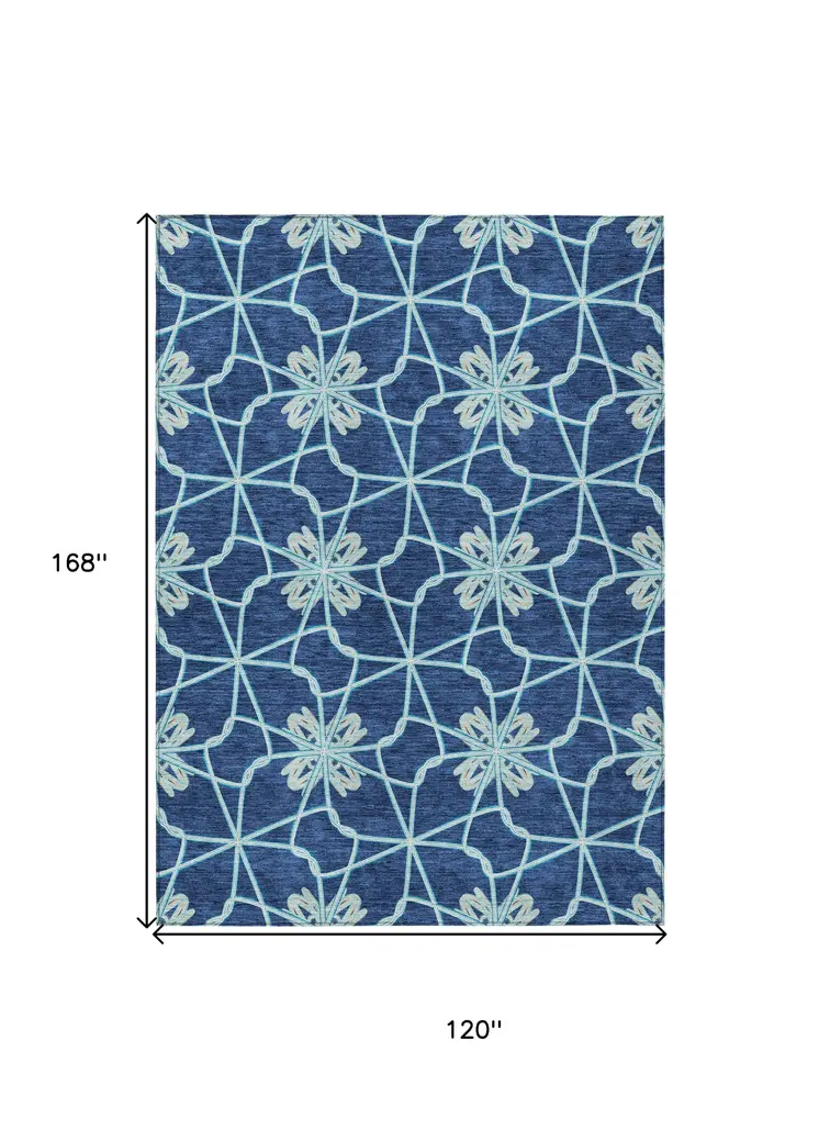 10' X 14' Navy Blue And Aqua Geometric Washable Indoor Outdoor Area Rug