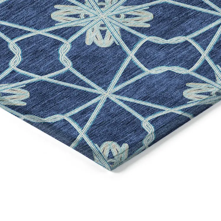 10' X 14' Navy Blue And Aqua Geometric Washable Indoor Outdoor Area Rug