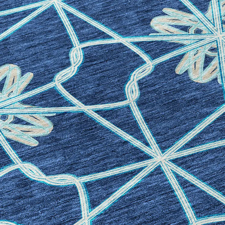 10' X 14' Navy Blue And Aqua Geometric Washable Indoor Outdoor Area Rug