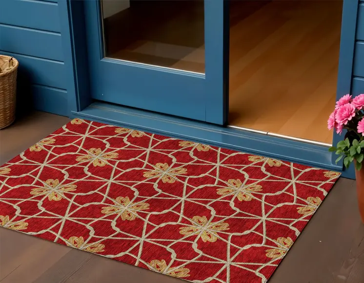 3' X 5' Orange And Gold Geometric Washable Indoor Outdoor Area Rug