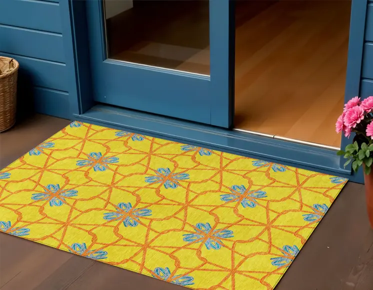 3' X 5' Yellow And Teal Blue Geometric Washable Indoor Outdoor Area Rug