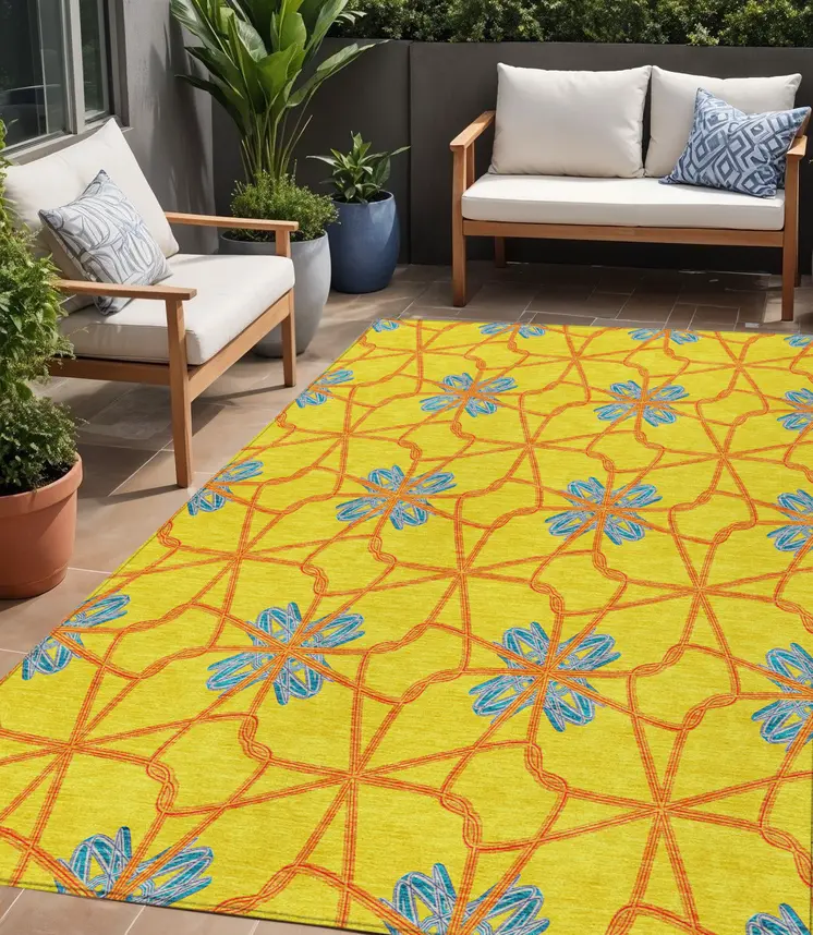 5' X 8' Yellow And Teal Blue Geometric Washable Indoor Outdoor Area Rug