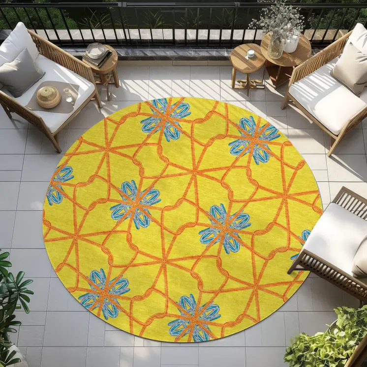8' Yellow And Teal Blue Round Geometric Washable Indoor Outdoor Area Rug