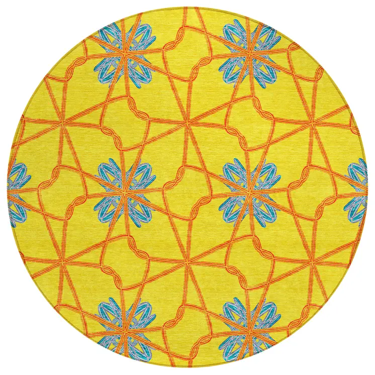 8' Yellow And Teal Blue Round Geometric Washable Indoor Outdoor Area Rug