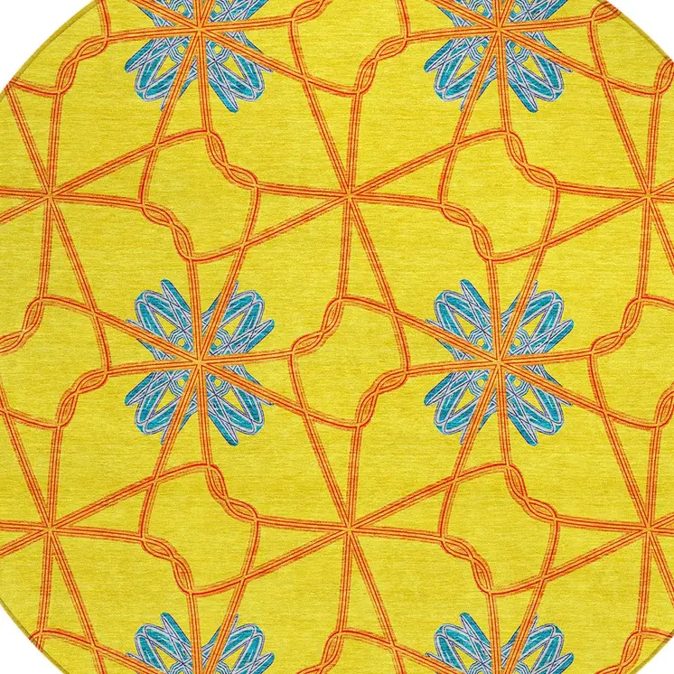 8' Yellow And Teal Blue Round Geometric Washable Indoor Outdoor Area Rug