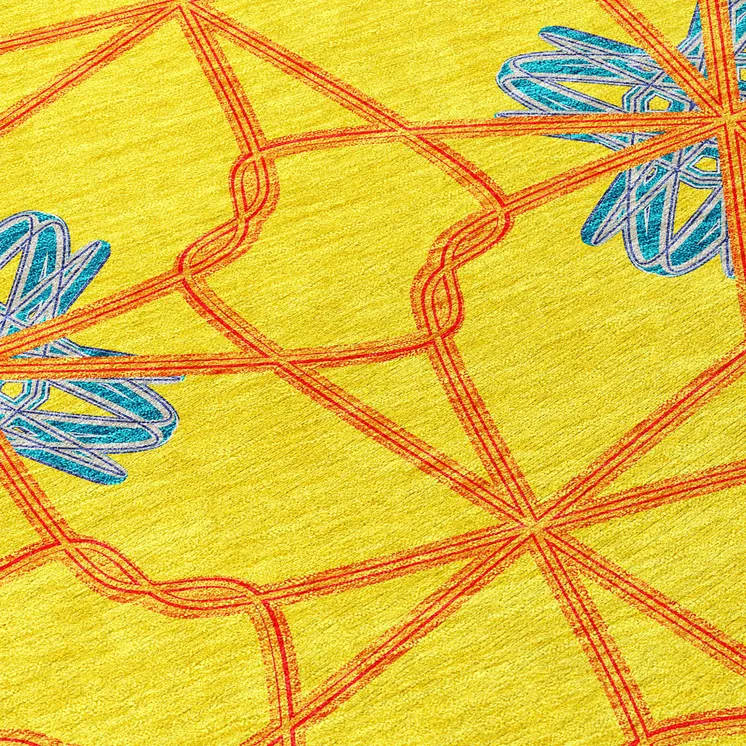 8' Yellow And Teal Blue Round Geometric Washable Indoor Outdoor Area Rug
