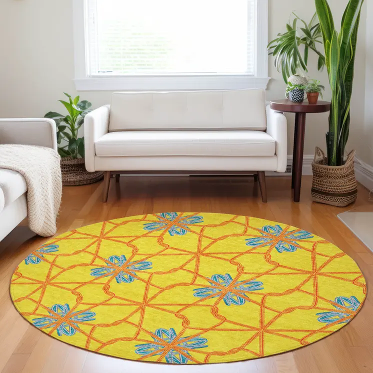8' Yellow And Teal Blue Round Geometric Washable Indoor Outdoor Area Rug