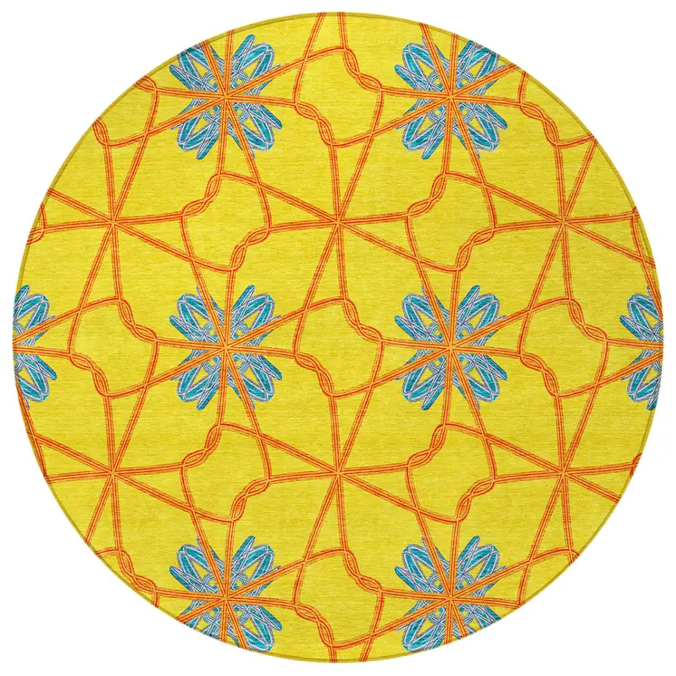 8' Yellow And Teal Blue Round Geometric Washable Indoor Outdoor Area Rug