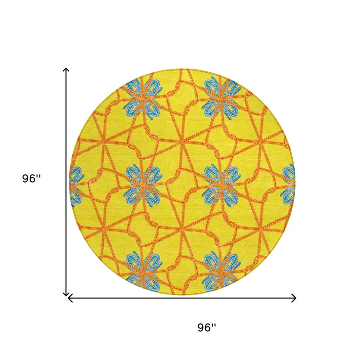 8' Yellow And Teal Blue Round Geometric Washable Indoor Outdoor Area Rug
