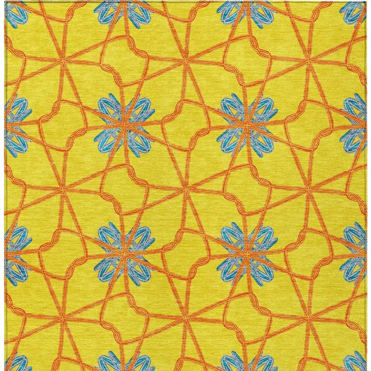 9' X 12' Yellow And Teal Blue Geometric Washable Indoor Outdoor Area Rug