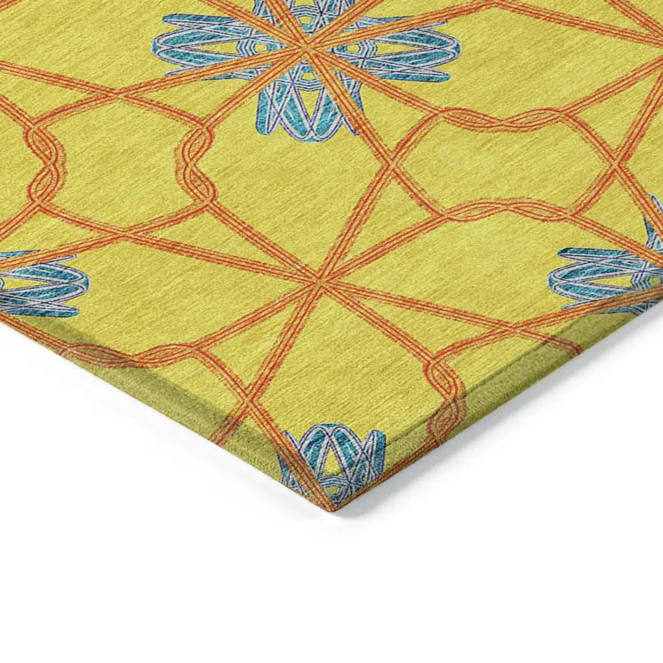 9' X 12' Yellow And Teal Blue Geometric Washable Indoor Outdoor Area Rug