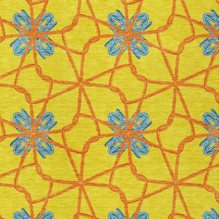9' X 12' Yellow And Teal Blue Geometric Washable Indoor Outdoor Area Rug