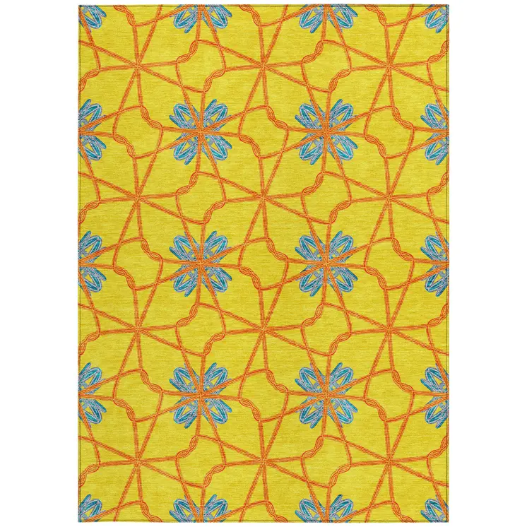 10' X 14' Yellow And Teal Blue Geometric Washable Indoor Outdoor Area Rug