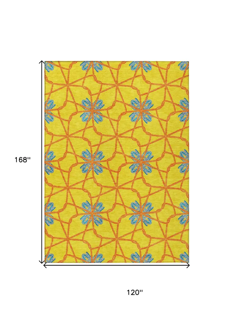 10' X 14' Yellow And Teal Blue Geometric Washable Indoor Outdoor Area Rug