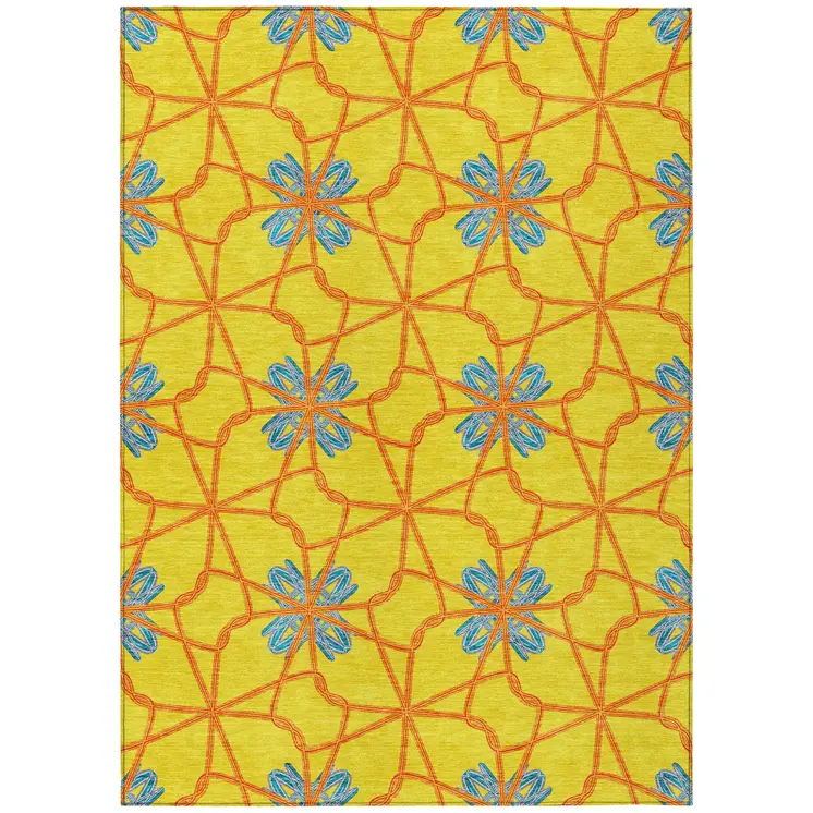 10' X 14' Yellow And Teal Blue Geometric Washable Indoor Outdoor Area Rug