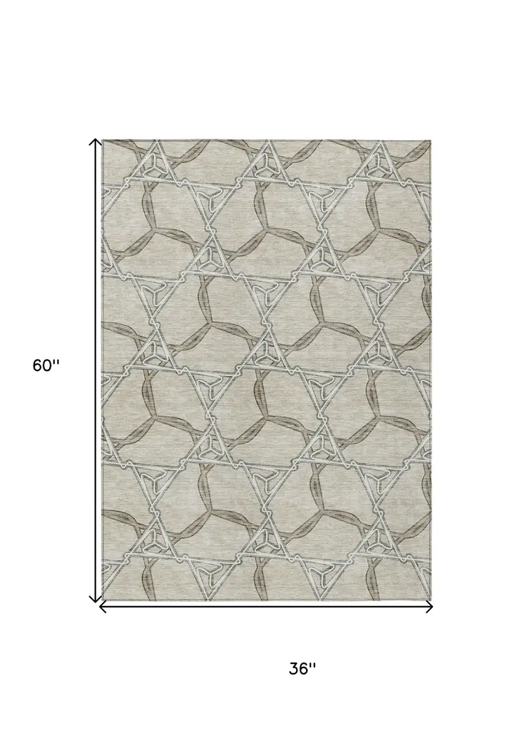 3' X 5' Beige And Taupe Geometric Washable Indoor Outdoor Area Rug