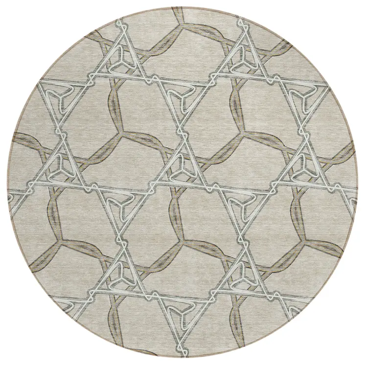 8' Beige And Taupe Round Geometric Washable Indoor Outdoor Area Rug