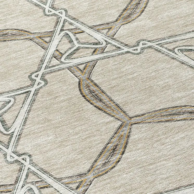 8' Beige And Taupe Round Geometric Washable Indoor Outdoor Area Rug