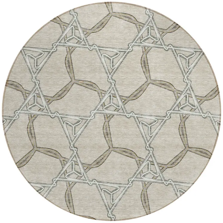 8' Beige And Taupe Round Geometric Washable Indoor Outdoor Area Rug