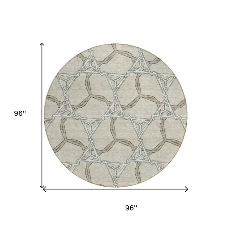 8' Beige And Taupe Round Geometric Washable Indoor Outdoor Area Rug