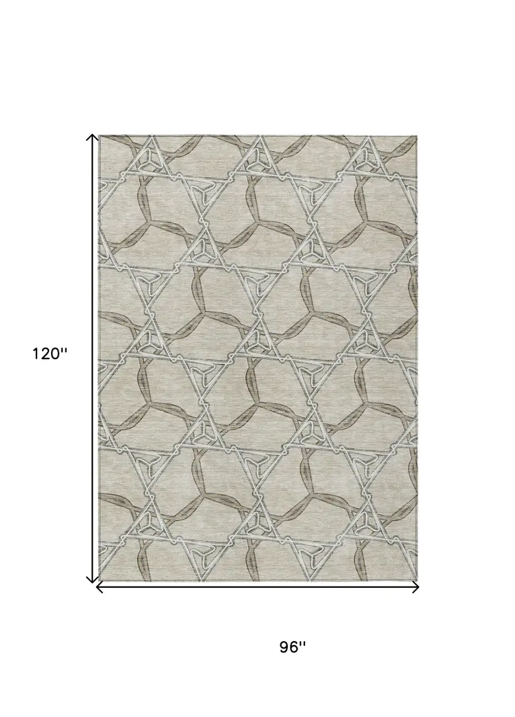 8' X 10' Beige And Taupe Geometric Washable Indoor Outdoor Area Rug