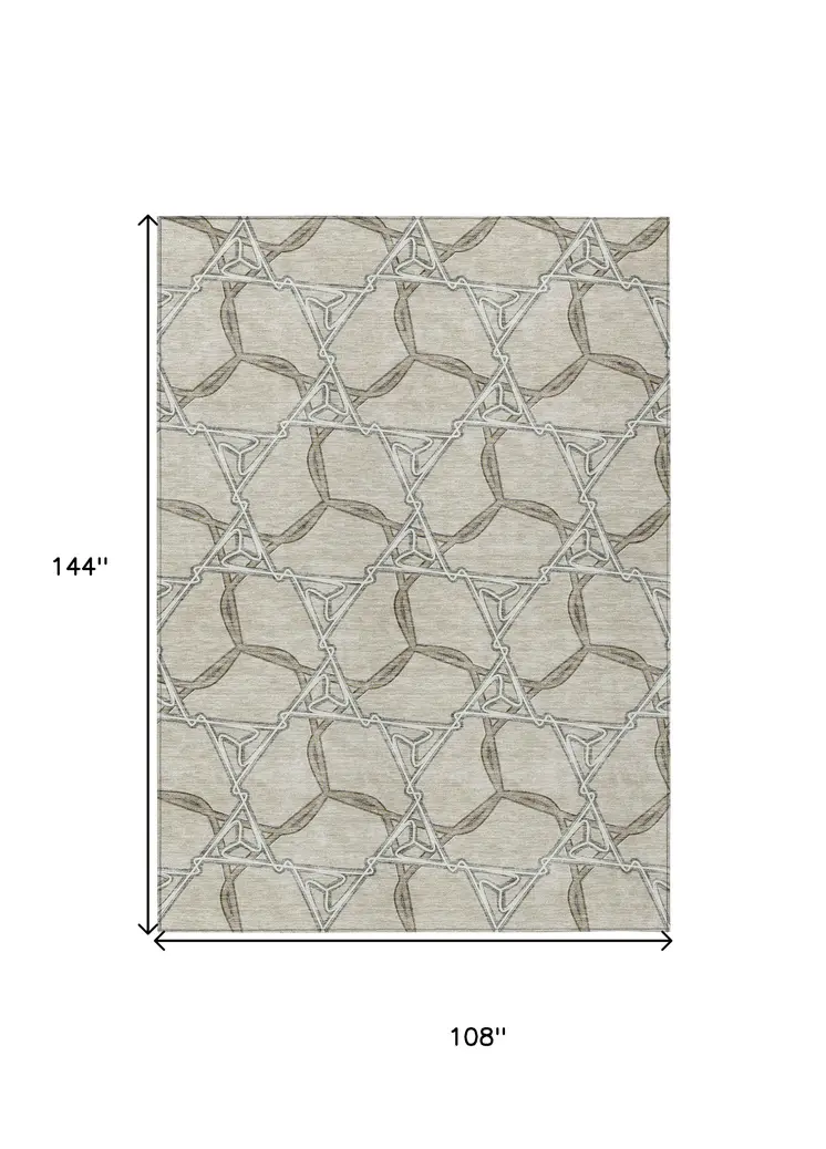 9' X 12' Beige And Taupe Geometric Washable Indoor Outdoor Area Rug