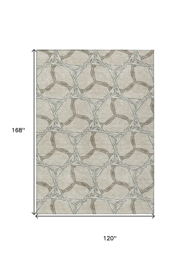 10' X 14' Beige And Taupe Geometric Washable Indoor Outdoor Area Rug