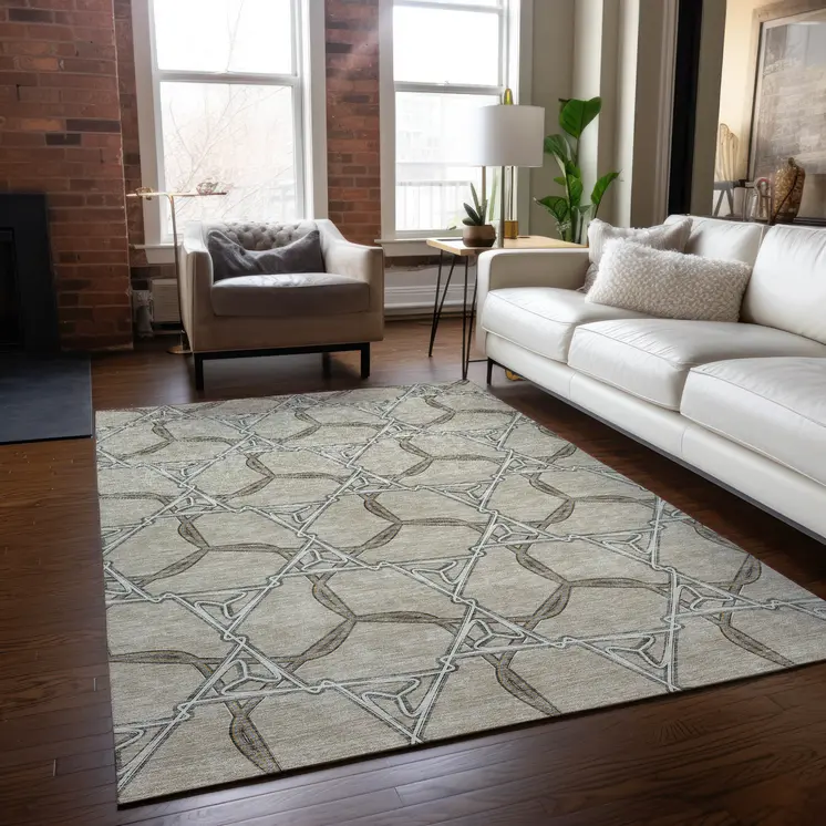 10' X 14' Beige And Taupe Geometric Washable Indoor Outdoor Area Rug