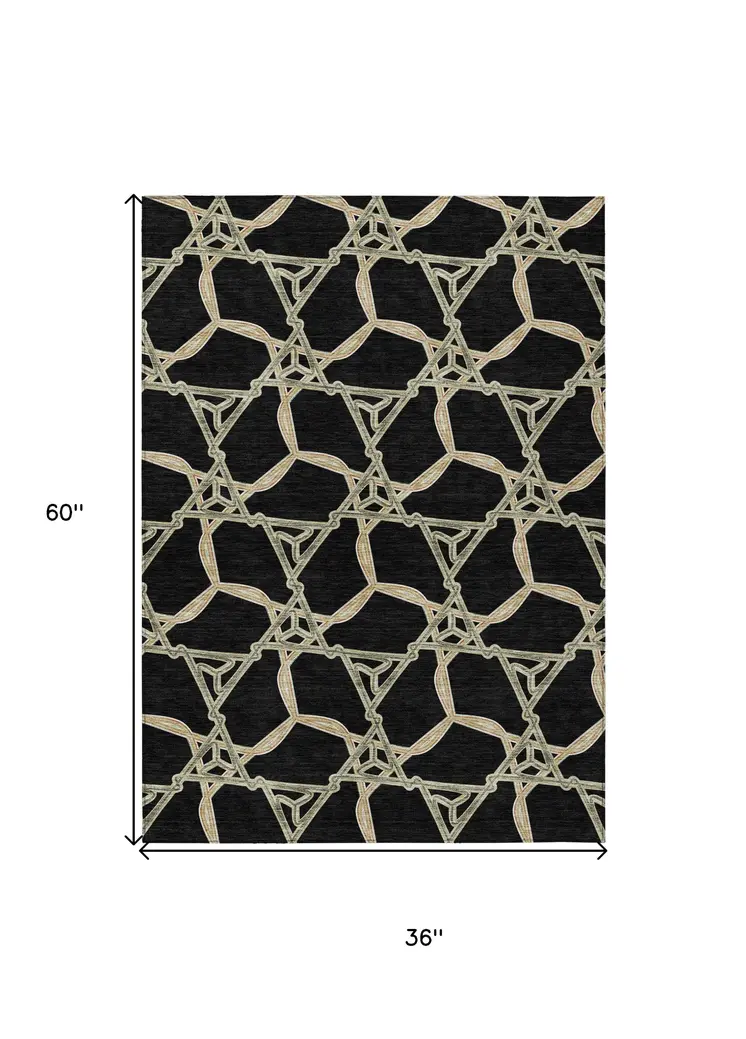 3' X 5' Black And Beige Geometric Washable Indoor Outdoor Area Rug