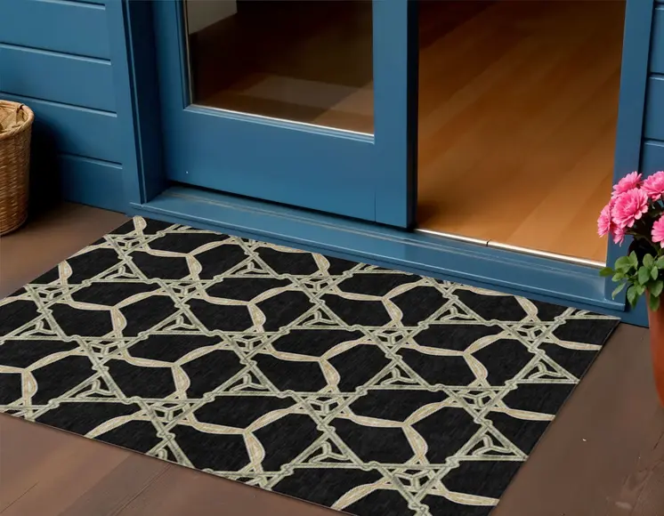 3' X 5' Black And Beige Geometric Washable Indoor Outdoor Area Rug