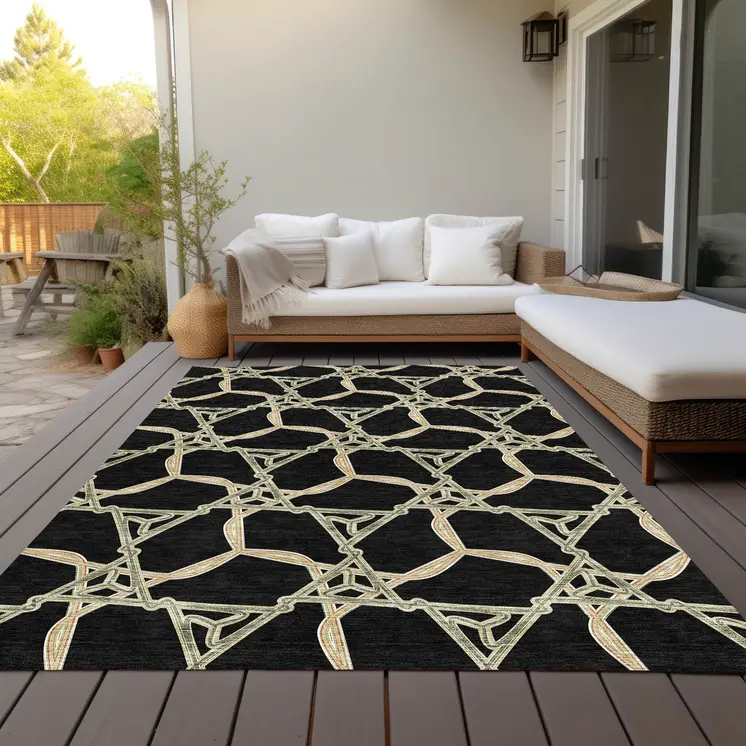 3' X 5' Black And Beige Geometric Washable Indoor Outdoor Area Rug