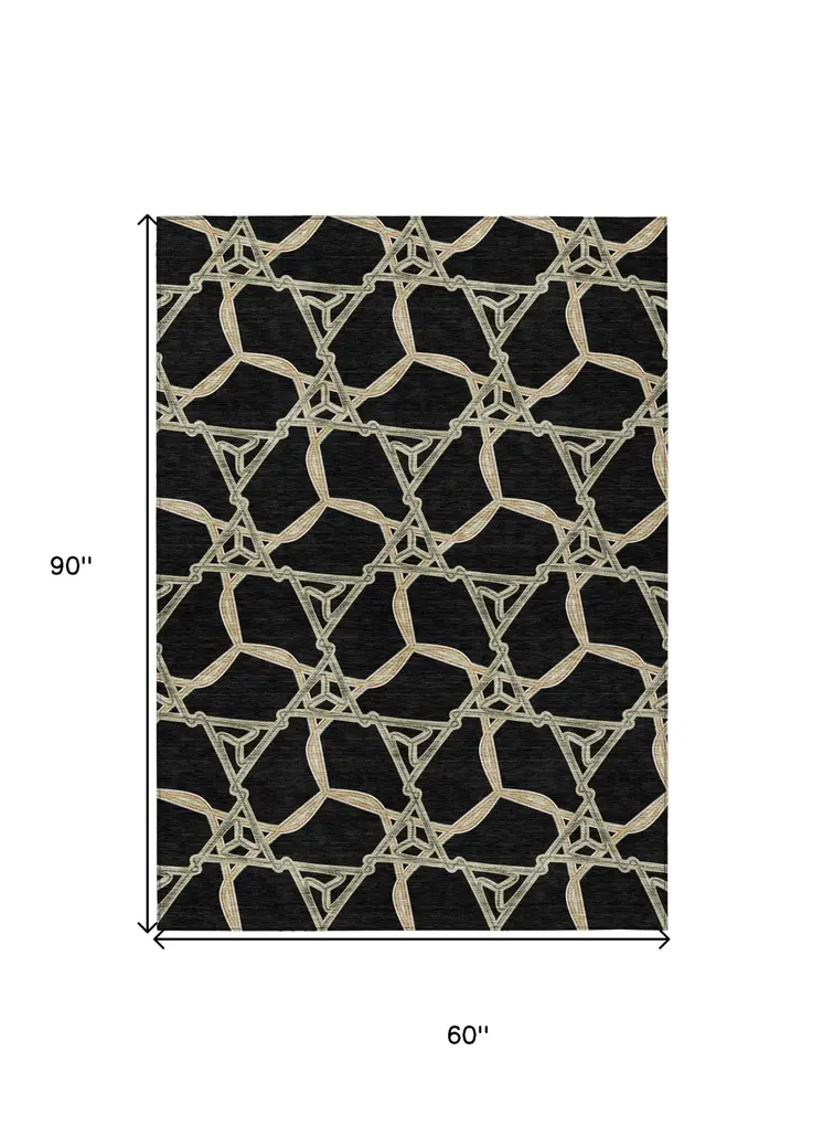5' X 8' Black And Beige Geometric Washable Indoor Outdoor Area Rug