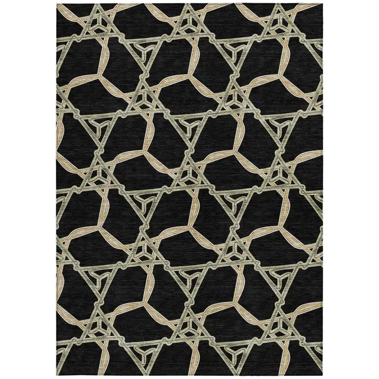 5' X 8' Black And Beige Geometric Washable Indoor Outdoor Area Rug