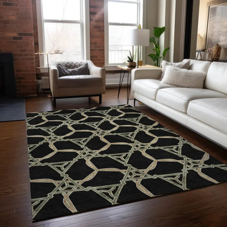 5' X 8' Black And Beige Geometric Washable Indoor Outdoor Area Rug