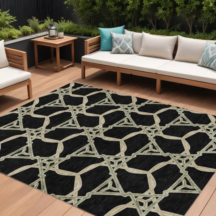 8' X 10' Black And Beige Geometric Washable Indoor Outdoor Area Rug