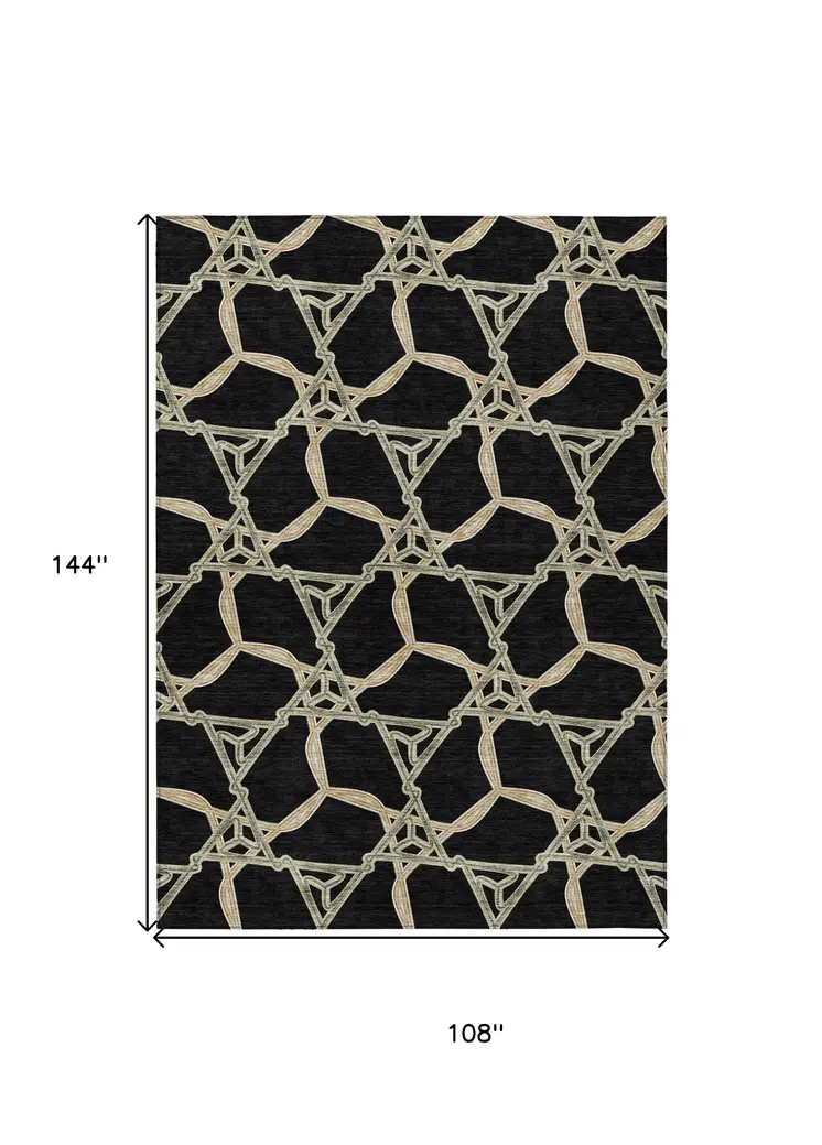 9' X 12' Black And Beige Geometric Washable Indoor Outdoor Area Rug