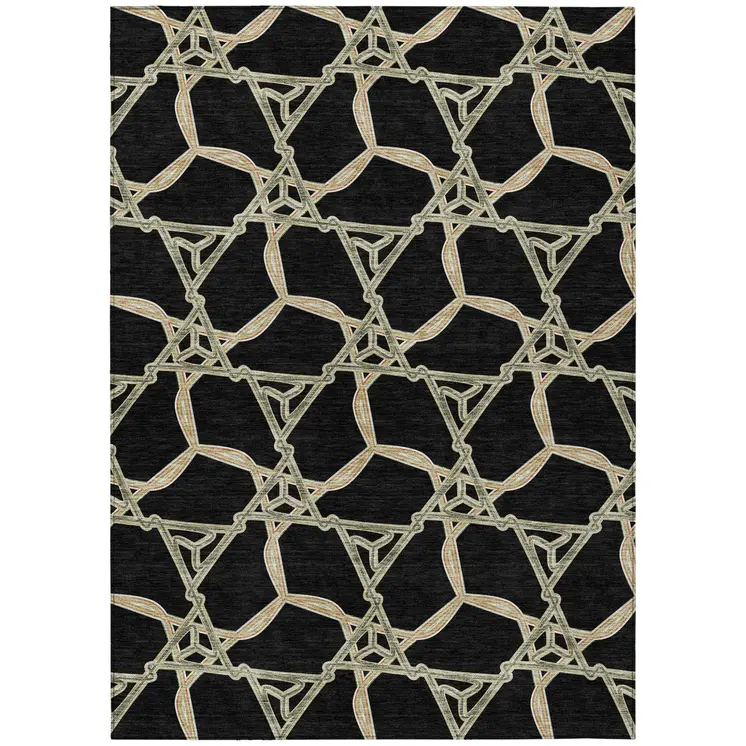 9' X 12' Black And Beige Geometric Washable Indoor Outdoor Area Rug