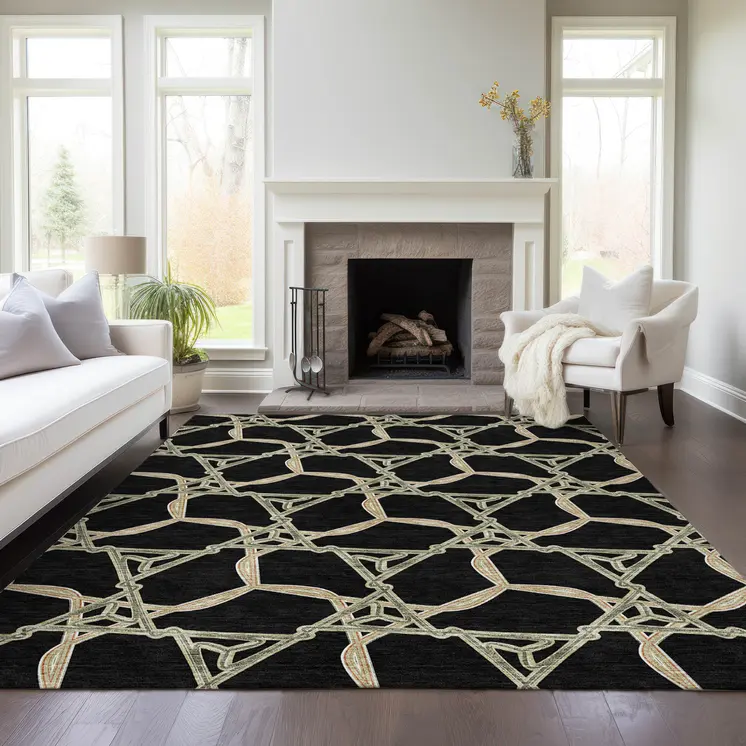 10' X 14' Black And Beige Geometric Washable Indoor Outdoor Area Rug