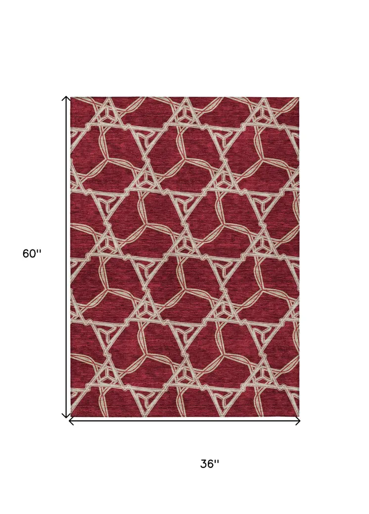 3' X 5' Burgundy And Gold Geometric Washable Indoor Outdoor Area Rug