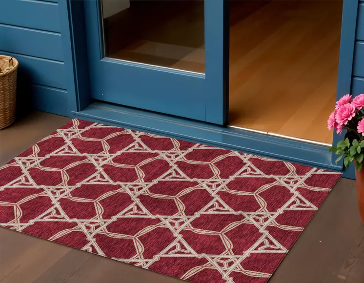 3' X 5' Burgundy And Gold Geometric Washable Indoor Outdoor Area Rug