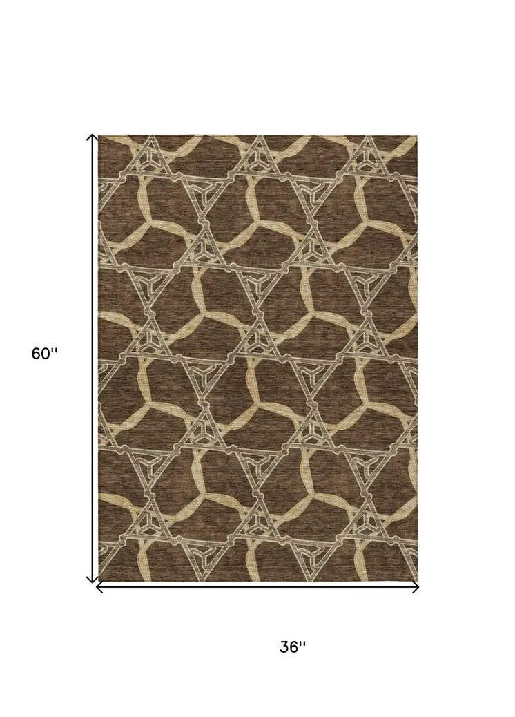 3' X 5' Brown And Beige Geometric Washable Indoor Outdoor Area Rug