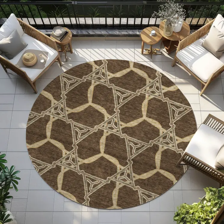 8' Brown And Beige Round Geometric Washable Indoor Outdoor Area Rug