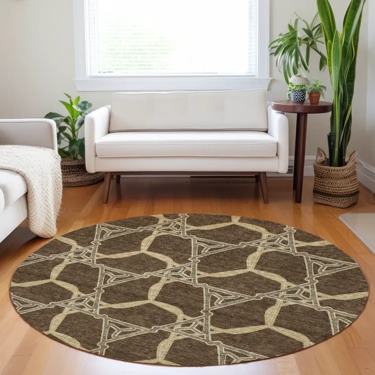 8' Brown And Beige Round Geometric Washable Indoor Outdoor Area Rug