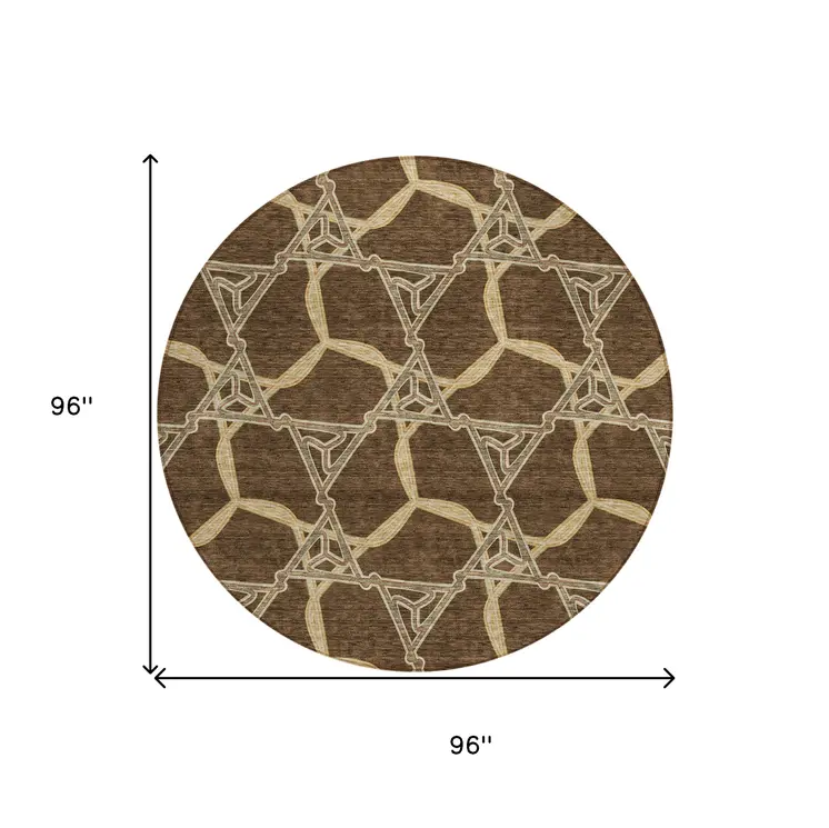 8' Brown And Beige Round Geometric Washable Indoor Outdoor Area Rug