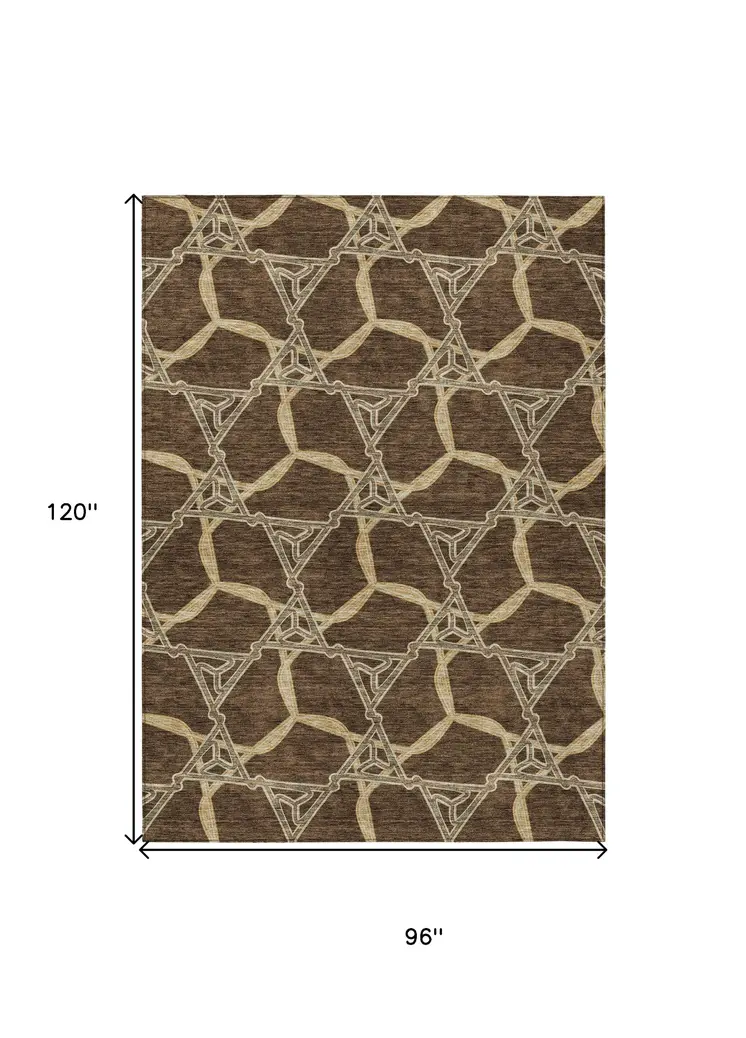 8' X 10' Brown And Beige Geometric Washable Indoor Outdoor Area Rug