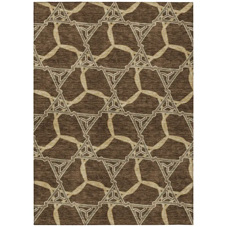 10' X 14' Brown And Beige Geometric Washable Indoor Outdoor Area Rug