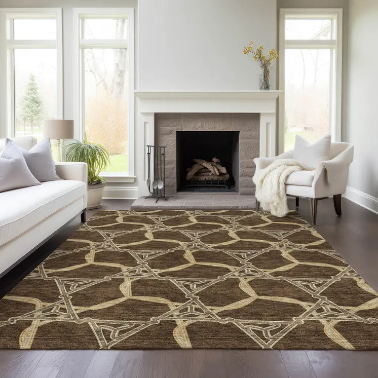 10' X 14' Brown And Beige Geometric Washable Indoor Outdoor Area Rug