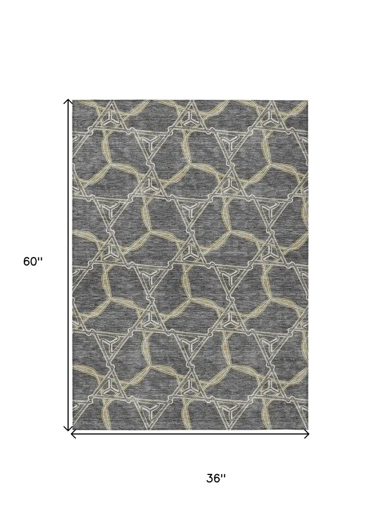 3' X 5' Charcoal And Gold Geometric Washable Indoor Outdoor Area Rug